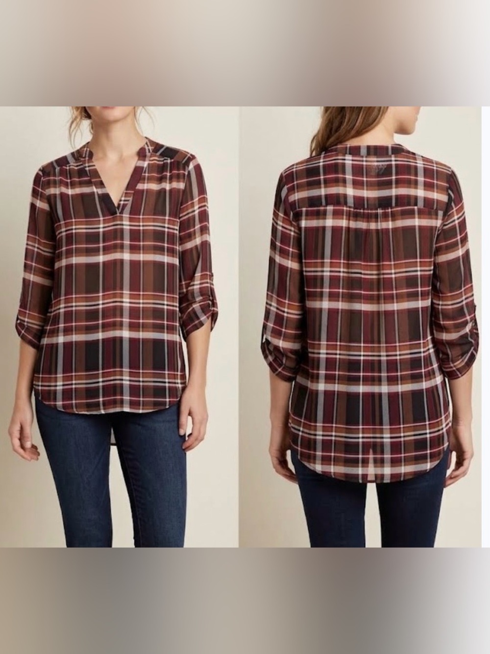 Philosophy Burgundy and Brown,black Plaid V-Neck Tunic